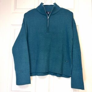 DKNY Teal Quarter Zip Sweater Women’s Small Mock Neck Ribbed Hem Logo